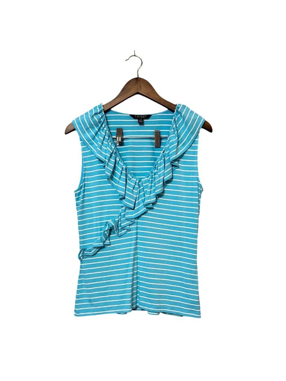 Lauren Ralph Lauren Womens Blue & White Striped Sleeveless Ruffle Neck Top Large